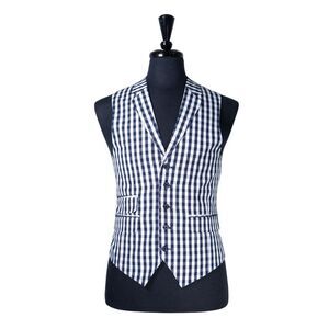 Mens Vest 40R Blue White Check Plaid Cotton Waistcoat Business Casual Formal